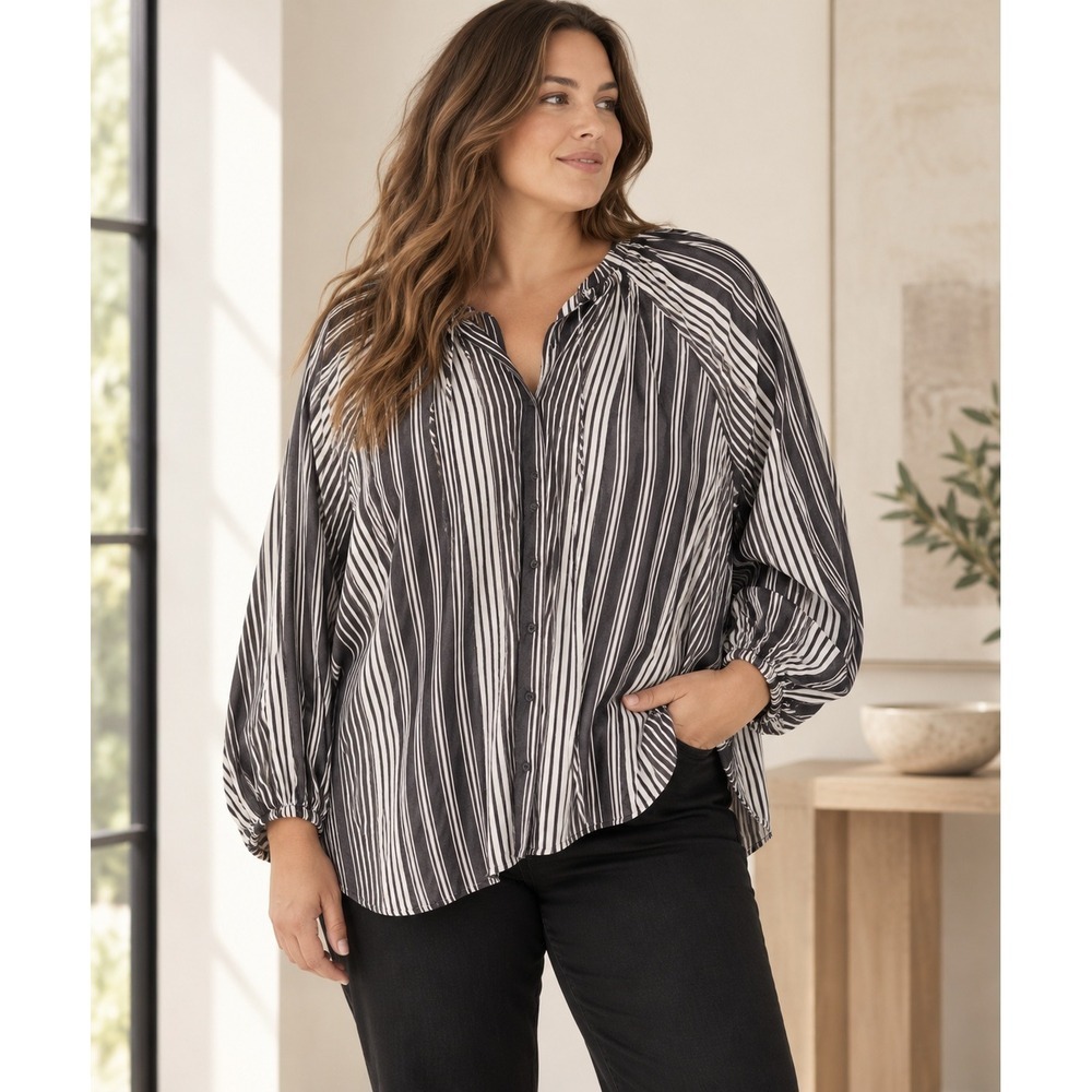 Everlane Gathered Shirt XXL NWT Black White Stripe 100% Tencel Oversized Blouse